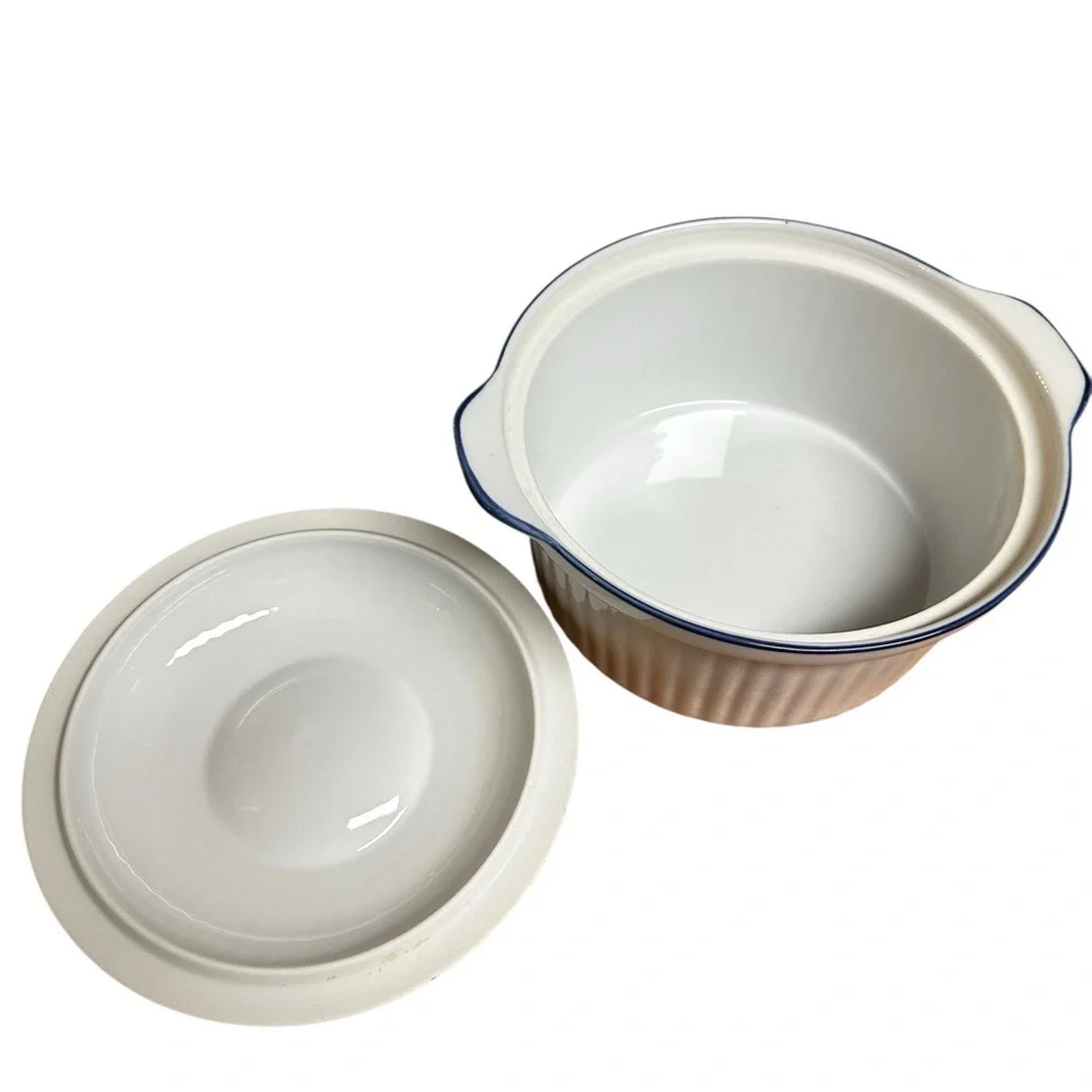 BIA Blanc De Table Casserole Dish With Lid Round White Blue Ribbed 8.5”x 4.5”